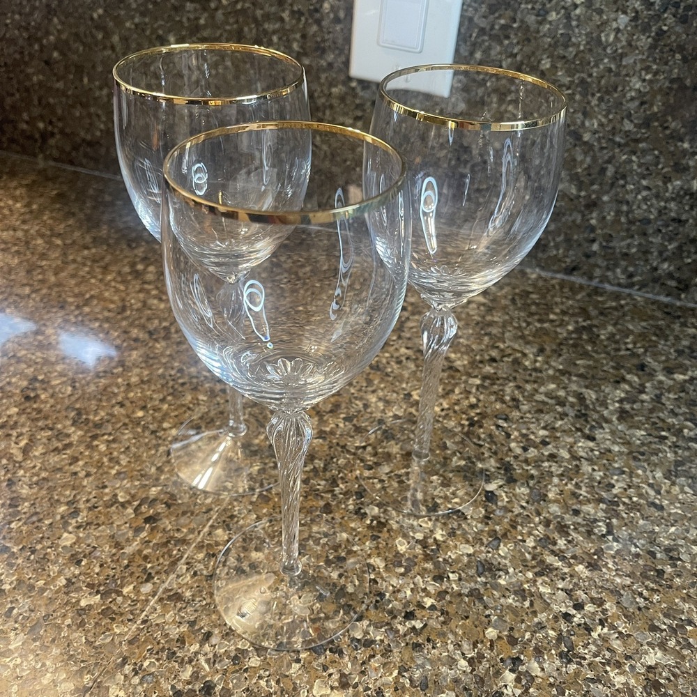 Set of (3) Lenox Monroe 8½" Aria Water Glasses Goblets Crystal w/ Gold Rim